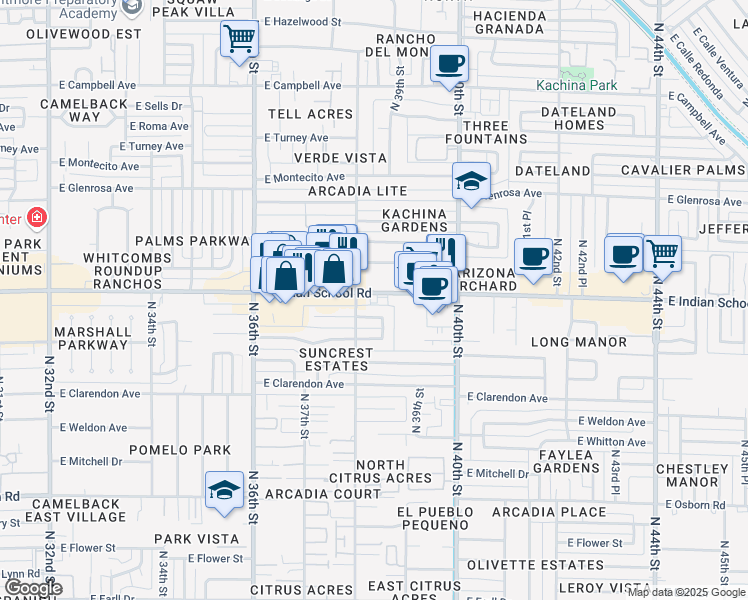map of restaurants, bars, coffee shops, grocery stores, and more near 3815 East Indian School Road in Phoenix