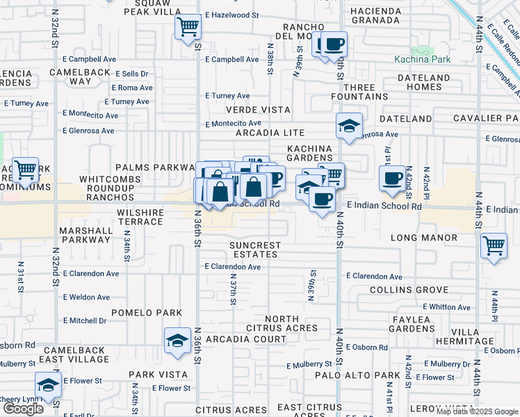 map of restaurants, bars, coffee shops, grocery stores, and more near 3743 East Indian School Road in Phoenix