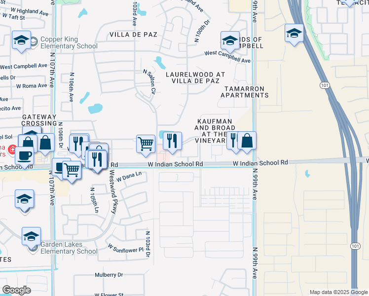 map of restaurants, bars, coffee shops, grocery stores, and more near 10030 West Indian School Road in Phoenix