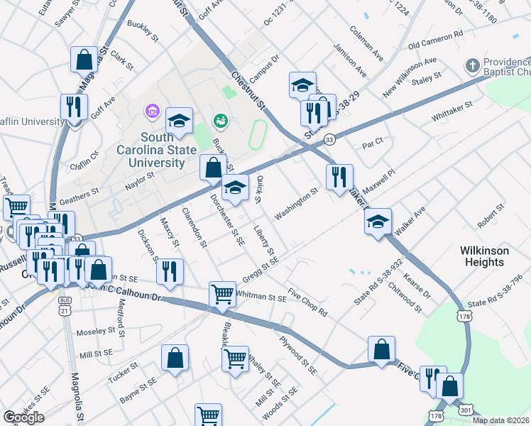 map of restaurants, bars, coffee shops, grocery stores, and more near 251 Quick Street in Orangeburg