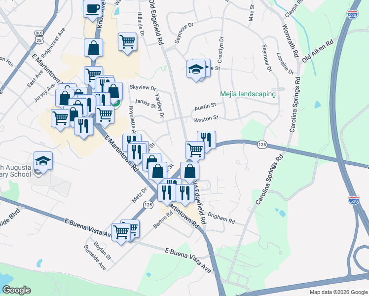 map of restaurants, bars, coffee shops, grocery stores, and more near 609 Old Edgefield Road in North Augusta