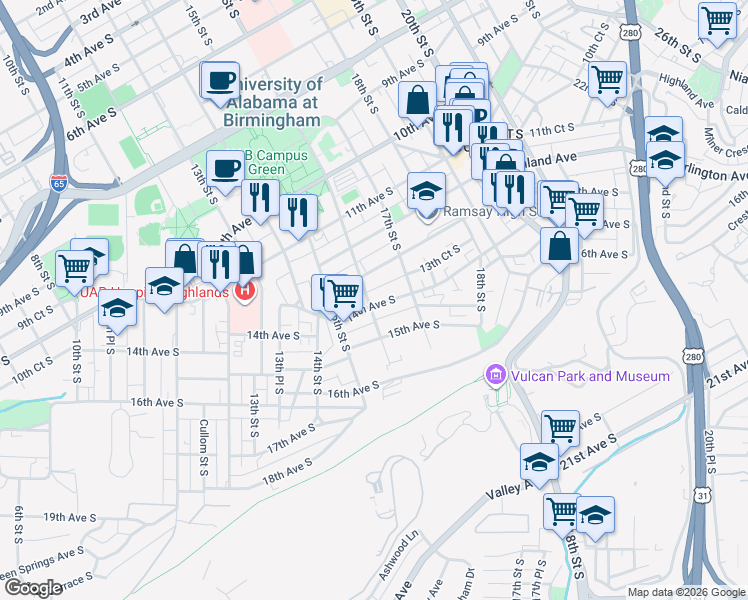 map of restaurants, bars, coffee shops, grocery stores, and more near 1608 14th Avenue South in Birmingham