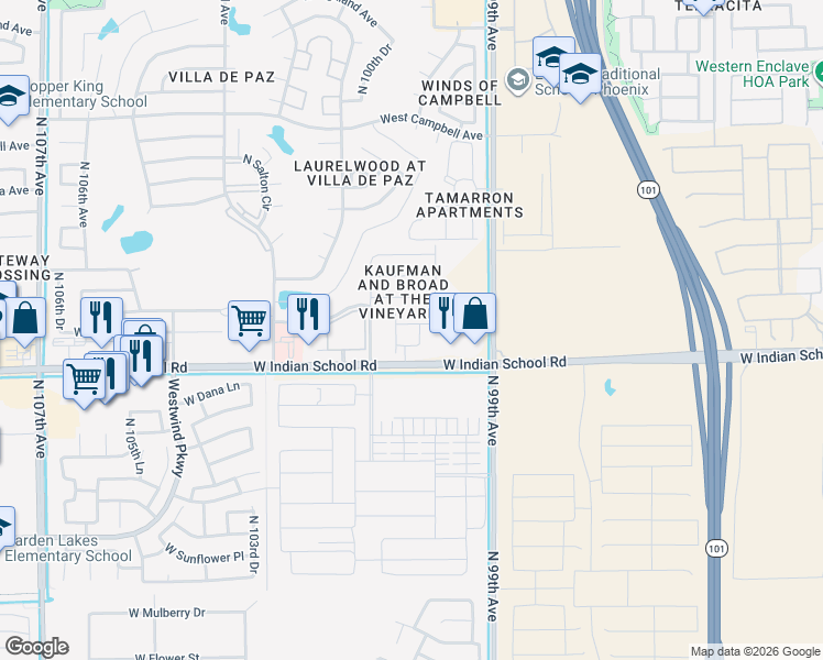 map of restaurants, bars, coffee shops, grocery stores, and more near 9950 West Indian School Road in Phoenix