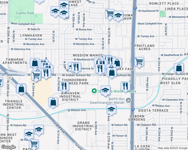 map of restaurants, bars, coffee shops, grocery stores, and more near W Indian School Rd & N 28th Ave in Phoenix