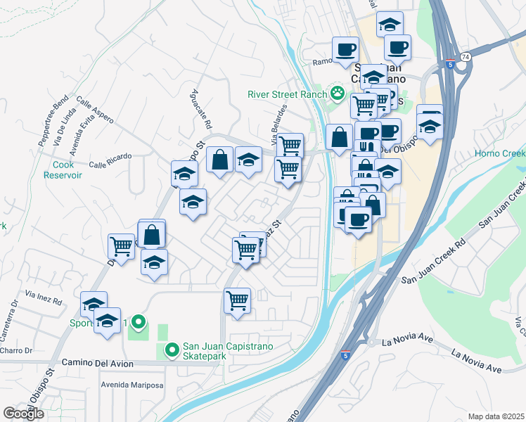 map of restaurants, bars, coffee shops, grocery stores, and more near 32221 Alipaz Street in San Juan Capistrano