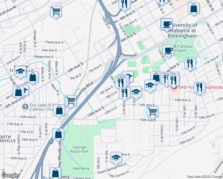 map of restaurants, bars, coffee shops, grocery stores, and more near 713 9th Ave S in Birmingham