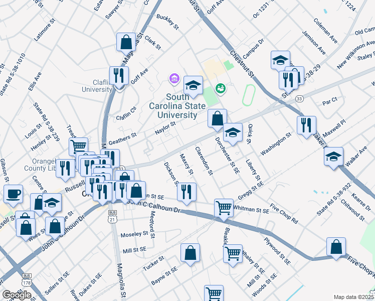 map of restaurants, bars, coffee shops, grocery stores, and more near 2142 Russell Street in Orangeburg