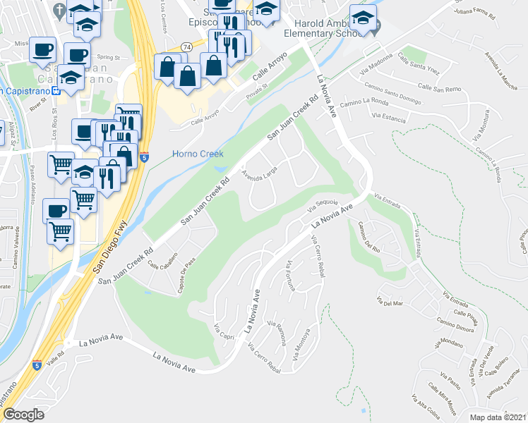 map of restaurants, bars, coffee shops, grocery stores, and more near 32187 Via Barrida in San Juan Capistrano