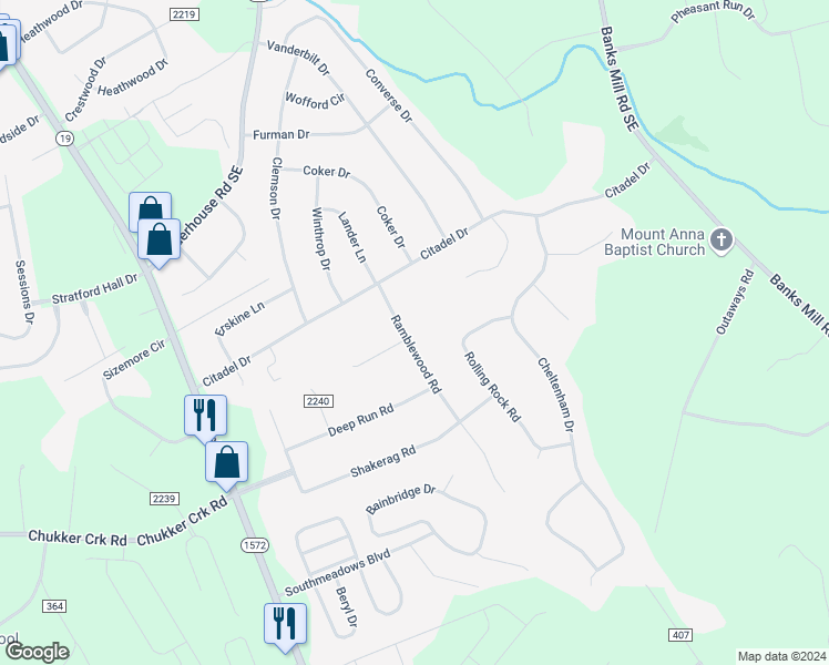 map of restaurants, bars, coffee shops, grocery stores, and more near 2514 Ramblewood Road in Aiken