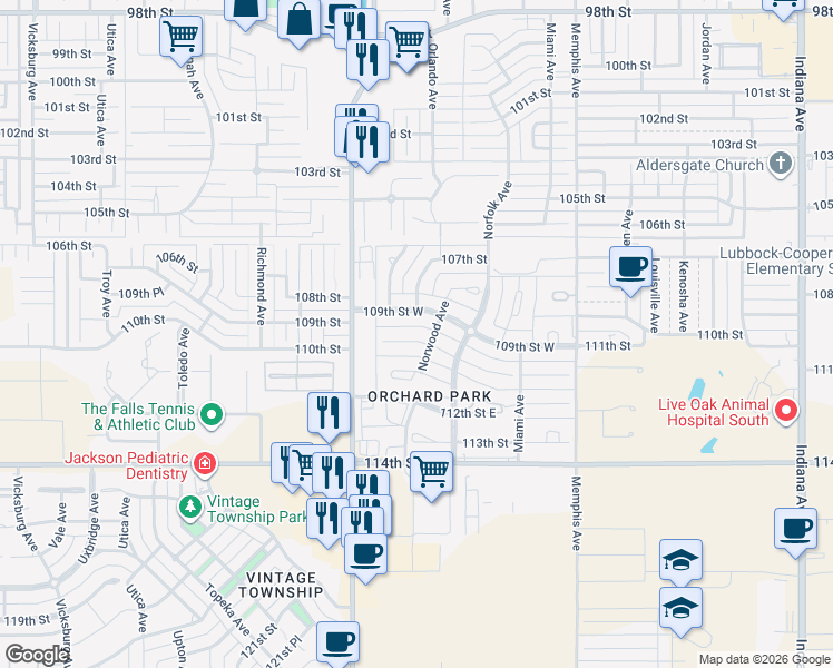 map of restaurants, bars, coffee shops, grocery stores, and more near 4010 110th Street in Lubbock