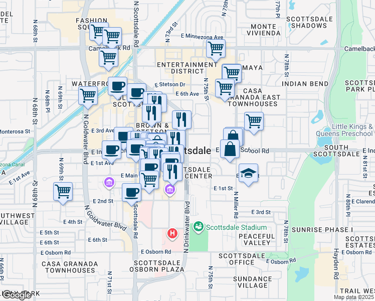map of restaurants, bars, coffee shops, grocery stores, and more near E Indian School Rd & N Drinkwater Blvd in Scottsdale