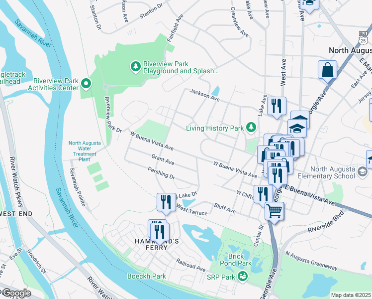 map of restaurants, bars, coffee shops, grocery stores, and more near 507 West Buena Vista Avenue in North Augusta