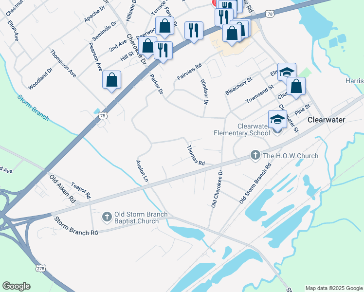 map of restaurants, bars, coffee shops, grocery stores, and more near 86 Happiness Lane in Beech Island