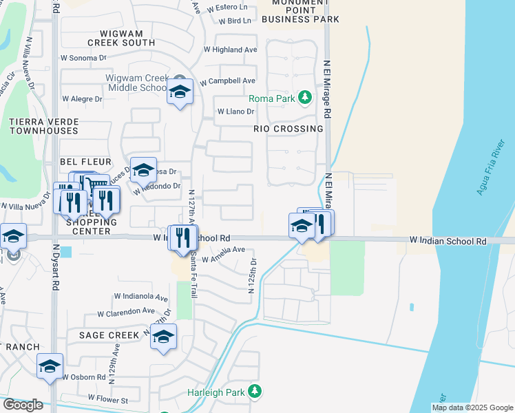 map of restaurants, bars, coffee shops, grocery stores, and more near 4151 North 125th Avenue in Litchfield Park