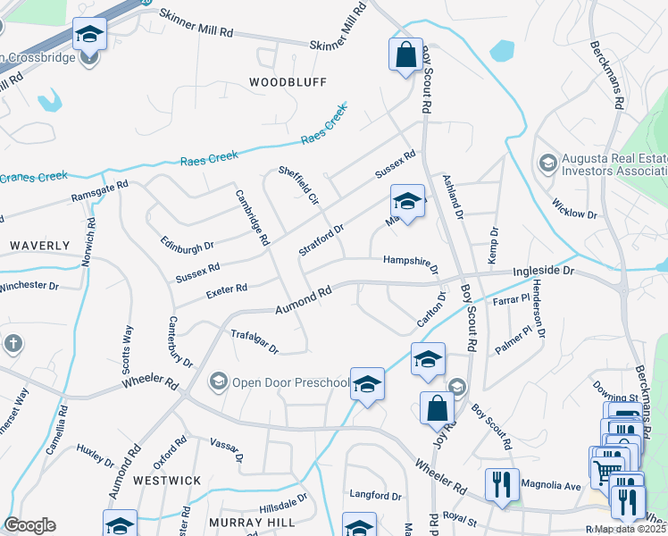 map of restaurants, bars, coffee shops, grocery stores, and more near 3004 Hampshire Drive in Augusta