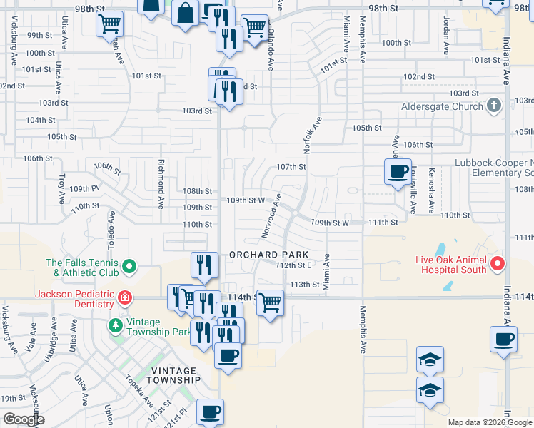 map of restaurants, bars, coffee shops, grocery stores, and more near 4010 110th Street in Lubbock