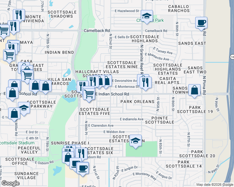 map of restaurants, bars, coffee shops, grocery stores, and more near 8238 East Indian School Road in Scottsdale