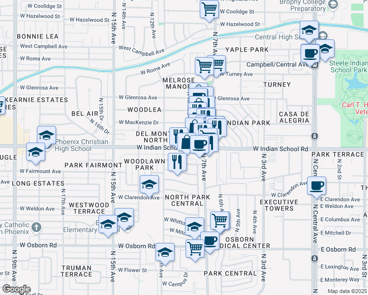 map of restaurants, bars, coffee shops, grocery stores, and more near 850 West Indian School Road in Phoenix