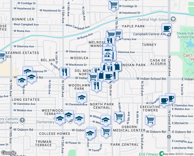 map of restaurants, bars, coffee shops, grocery stores, and more near 841 West Indian School Road in Phoenix