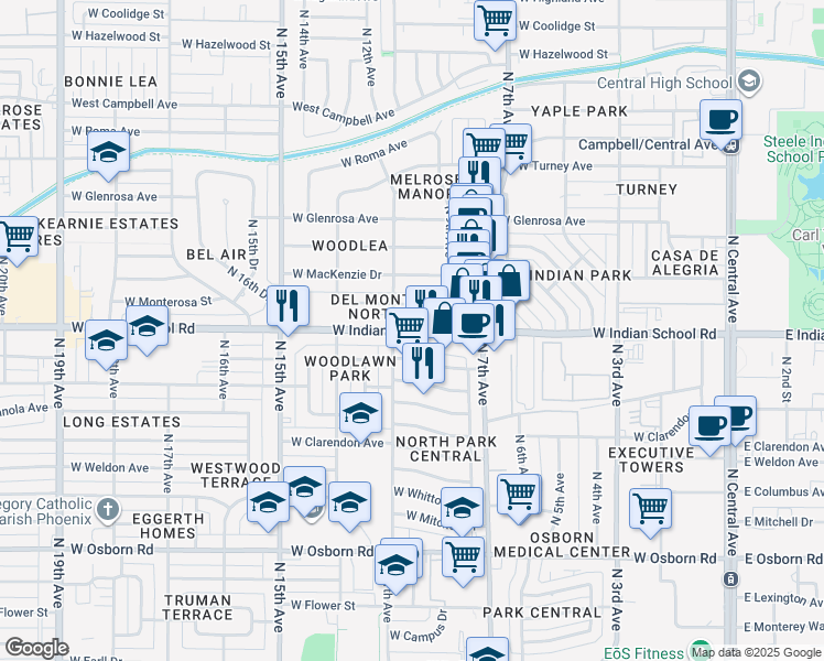 map of restaurants, bars, coffee shops, grocery stores, and more near 841 West Indian School Road in Phoenix