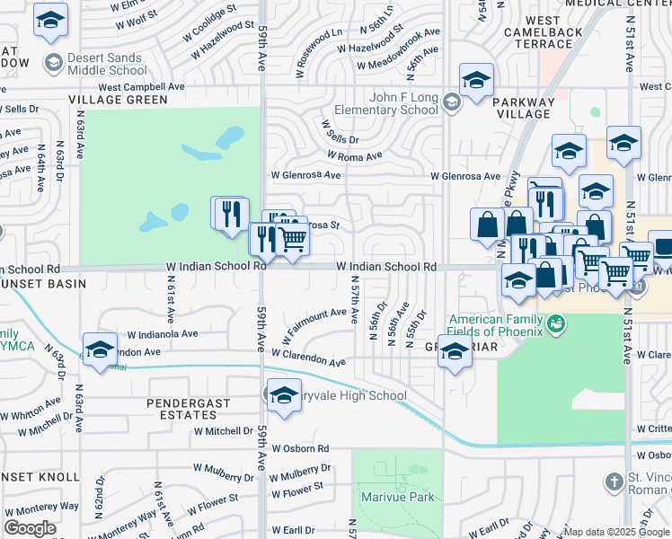 map of restaurants, bars, coffee shops, grocery stores, and more near 5743 West Indian School Road in Phoenix