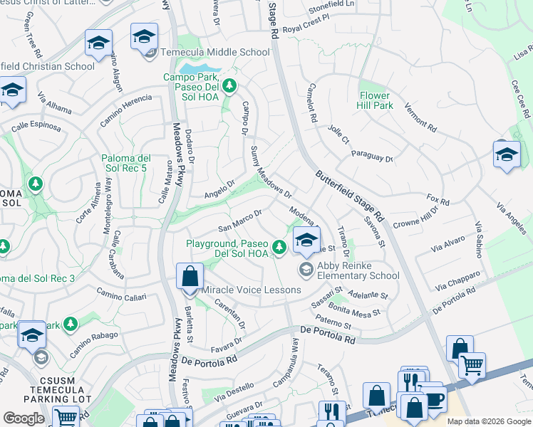 map of restaurants, bars, coffee shops, grocery stores, and more near 43397 Brewster Court in Temecula