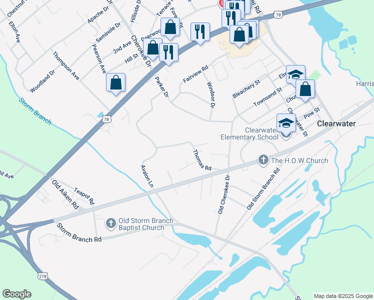 map of restaurants, bars, coffee shops, grocery stores, and more near 86 Happiness Lane in Beech Island
