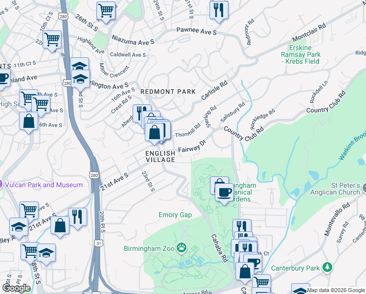 map of restaurants, bars, coffee shops, grocery stores, and more near 2850 Fairway Drive in Mountain Brook
