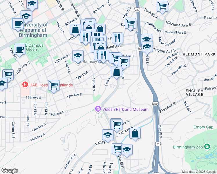 map of restaurants, bars, coffee shops, grocery stores, and more near 1908 16th Avenue South in Birmingham