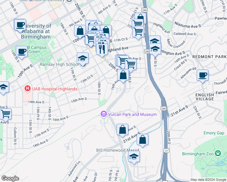 map of restaurants, bars, coffee shops, grocery stores, and more near 1908 16th Avenue South in Birmingham
