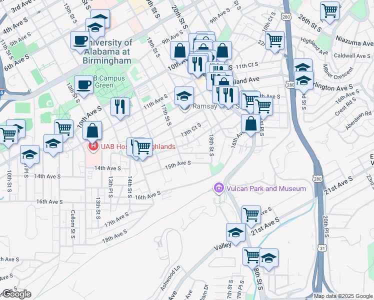 map of restaurants, bars, coffee shops, grocery stores, and more near 1401 17th Street South in Birmingham