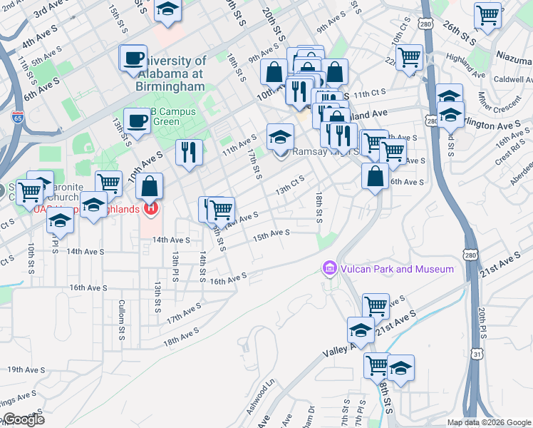 map of restaurants, bars, coffee shops, grocery stores, and more near 1401 17th Street South in Birmingham