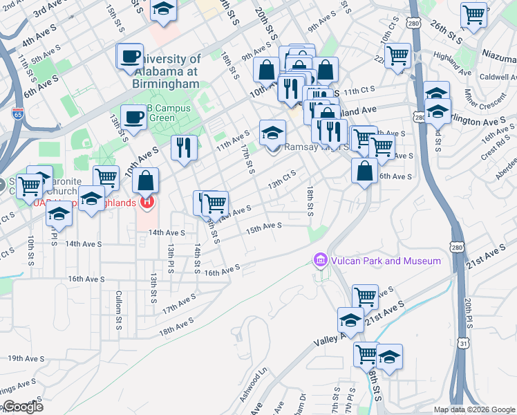 map of restaurants, bars, coffee shops, grocery stores, and more near 1401 17th Street South in Birmingham