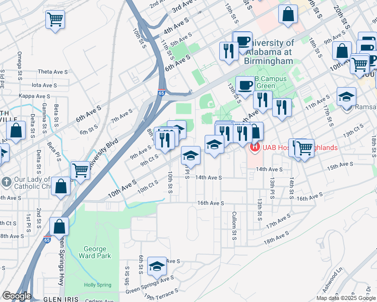 map of restaurants, bars, coffee shops, grocery stores, and more near 1000 10th Avenue South in Birmingham