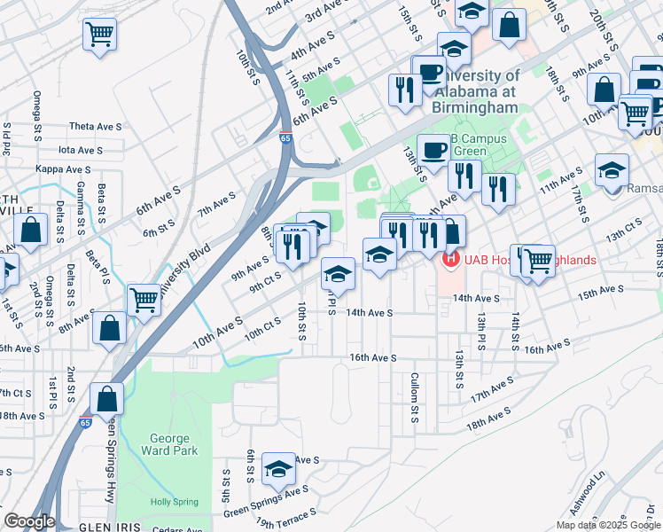 map of restaurants, bars, coffee shops, grocery stores, and more near 1000 10th Avenue South in Birmingham