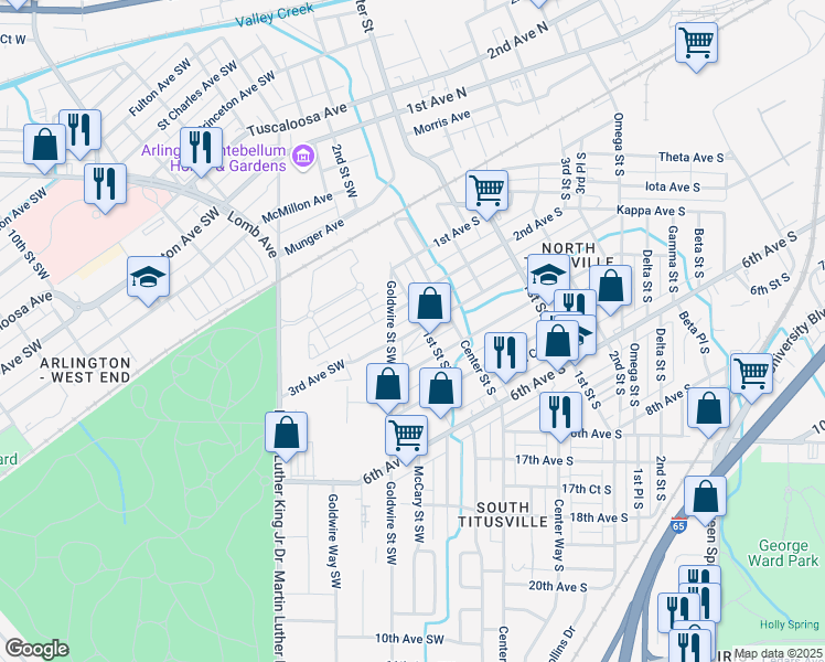 map of restaurants, bars, coffee shops, grocery stores, and more near 118 3rd Avenue Southwest in Birmingham