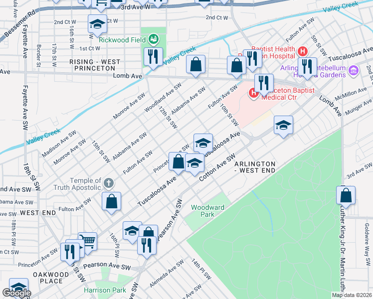 map of restaurants, bars, coffee shops, grocery stores, and more near 600 12th Street Southwest in Birmingham