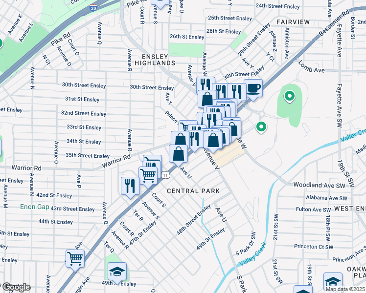 map of restaurants, bars, coffee shops, grocery stores, and more near 2116 Bessemer Road in Birmingham