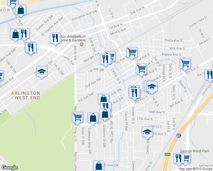 map of restaurants, bars, coffee shops, grocery stores, and more near 118 3rd Avenue Southwest in Birmingham