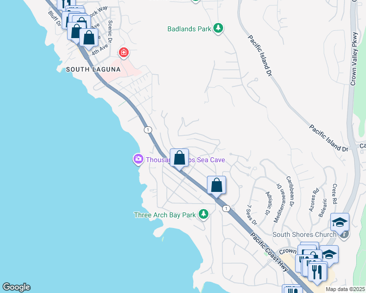 map of restaurants, bars, coffee shops, grocery stores, and more near 25 No Vista De La Luna in Laguna Beach