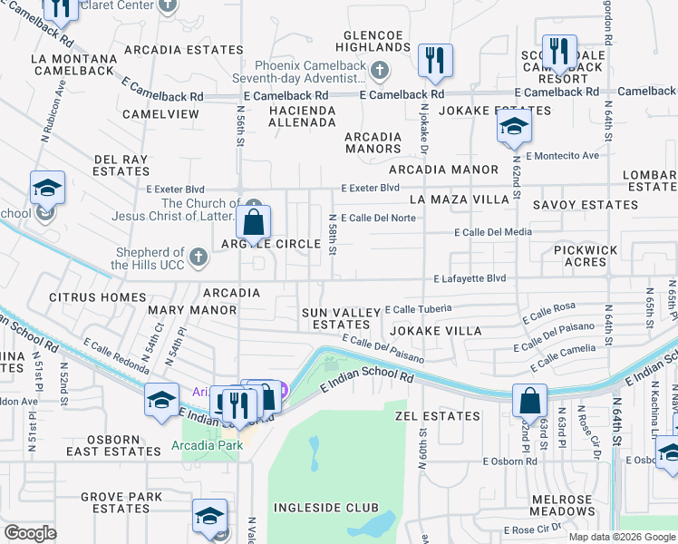 map of restaurants, bars, coffee shops, grocery stores, and more near 5824 North 58th Place in Phoenix