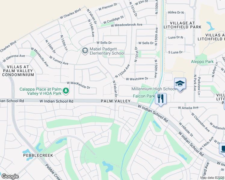 map of restaurants, bars, coffee shops, grocery stores, and more near 4200 North Falcon Drive in Goodyear