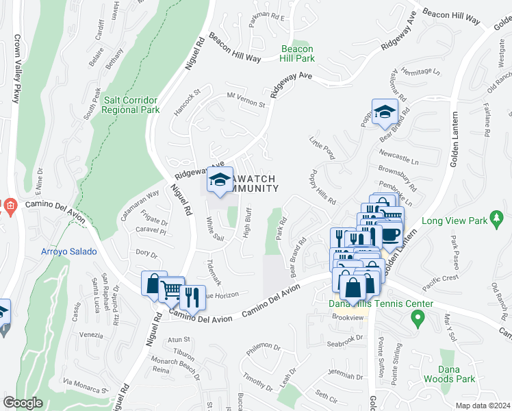 map of restaurants, bars, coffee shops, grocery stores, and more near 4 High Bluff in Laguna Niguel