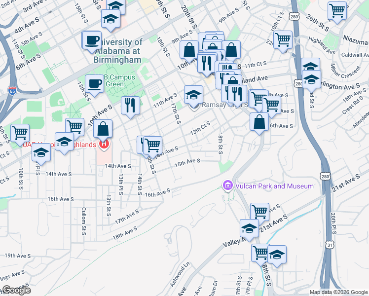 map of restaurants, bars, coffee shops, grocery stores, and more near 1401 17th Street South in Birmingham