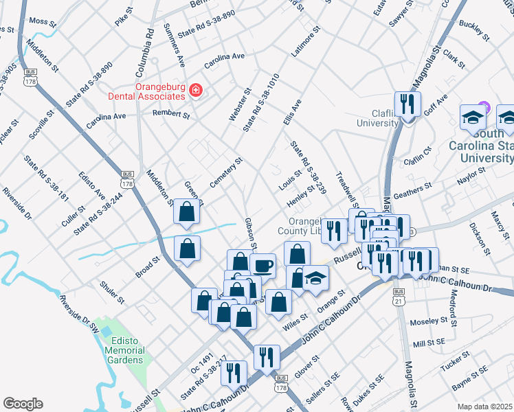 map of restaurants, bars, coffee shops, grocery stores, and more near 491 Scott Street in Orangeburg