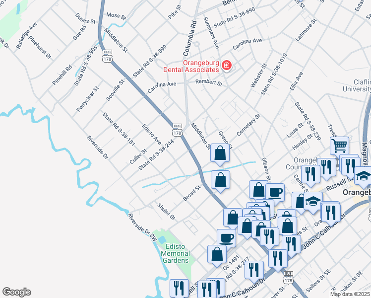 map of restaurants, bars, coffee shops, grocery stores, and more near 1705 Broughton Street in Orangeburg