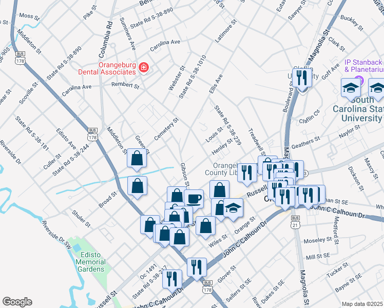 map of restaurants, bars, coffee shops, grocery stores, and more near 491 Scott Street in Orangeburg