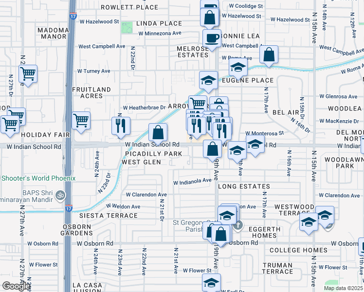 map of restaurants, bars, coffee shops, grocery stores, and more near 2025 West Indian School Road in Phoenix