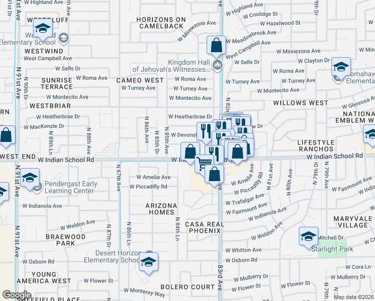 map of restaurants, bars, coffee shops, grocery stores, and more near 4111 North 84th Circle in Phoenix