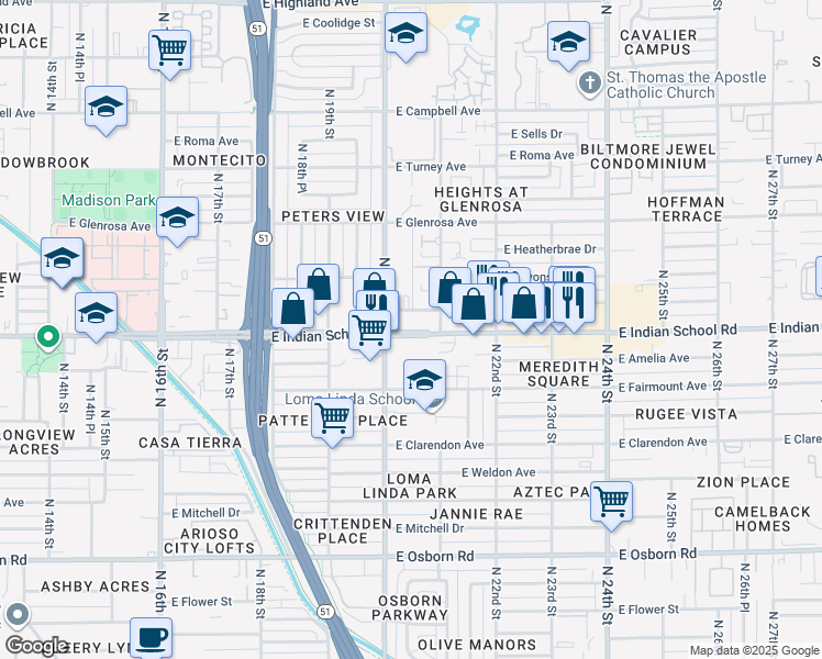 map of restaurants, bars, coffee shops, grocery stores, and more near 2030 East Indian School Road in Phoenix